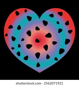 Stylized heart shape featuring a large outline with holes of various shapes. Gradient color transitions across the heart from red to blue, make striking and modern effect. Decorative hippie elements.