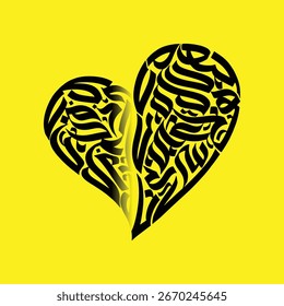 A stylized heart shape filled with intricate black calligraphy against a bright yellow background