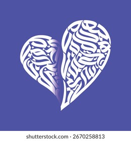 A stylized heart shape formed by white calligraphy against a vibrant blue background art