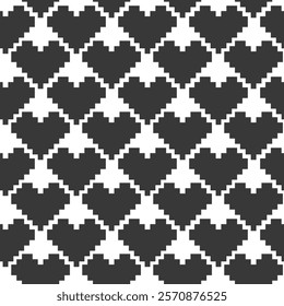 Stylized Heart shape pixel Monochrome Seamless pattern. Valentines or Black Day Background concept