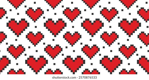 Stylized Heart shape pixel Seamless pattern in trendy red and black St Valentine Day Background idea