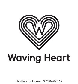 Una forma de corazón estilizada con un diseño ondulado o ondulado, con la letra 'W' en el centro. Debajo del corazón, el texto 'Corazón Ondeante' está escrito en una fuente simple y limpia.