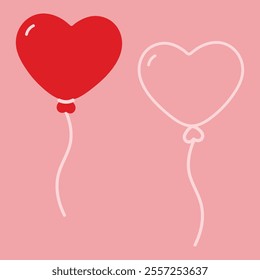 Stylized Heart shaped balloons on rope on pink background. Valentines Day design elements idea Set 2