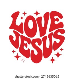 A stylized heart shaped design featuring the phrase love jesus in bold red letters surrounded by sparkles on a pure white background
