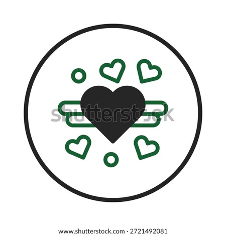 A stylized heart with small wings adorns the center of a circular emblem, encircled by an array of petite, floating dots, creating a captivating visual symbol of affection and the pure essence of