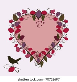 stylized heart with surrounding leaves bird