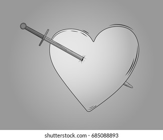 Stylized heart. A sword passes through my heart. It is punched with a sword. Vector
