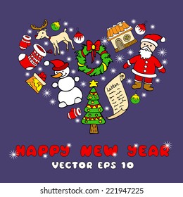 Stylized heart with symbols of happy new year. Vector for use in design