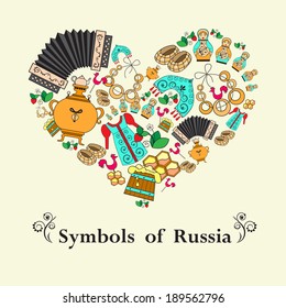 Stylized heart with symbols of Russia. Illustration for use in design