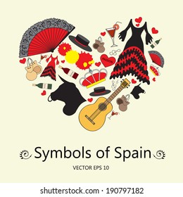 Stylized heart with symbols of Spain. Illustration for use in design