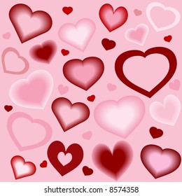 Stylized hearts in differing shapes, colors, and blends