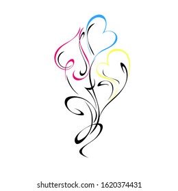 stylized hearts with swirls in black and colored lines on a white background