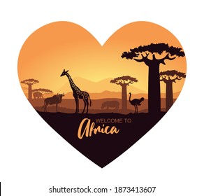 Stylized heart-shaped African landscape with wild animals. Vector Illustration.