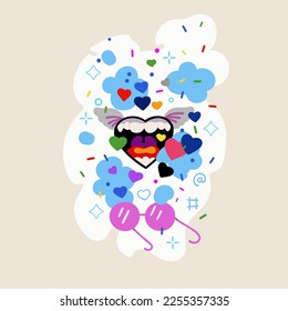 A stylized heart-shaped mouth. There are colored hearts and confetti around.  Celebration. Valentine's Day. Heart and love.   A cozy one. Pink glasses. Romantic period. A surge of love.