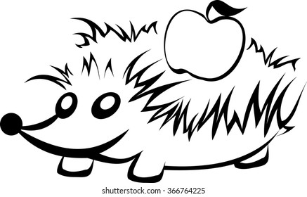 stylized hedgehog with apple in black and white