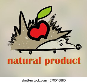 Stylized hedgehog on light background with orange text. Logo for organic product