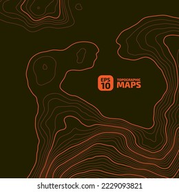 Stylized height CG topographic contour map in contours. Abstract background. Digital copy earth space. Concept of a conditional geography scheme, terrain path. Orange on Black. Vector illustration