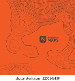Stylized height CG topographic contour map in contours. Abstract background. Digital copy earth space. Concept of a conditional geography scheme, terrain path. Black on Orange. Vector illustration