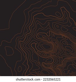 Mapa de contorno topográfico CG de altura estilizada en contornos. Antecedentes abstractos. Espacio terrestre de copia digital. Concepto de un esquema geográfico condicional, camino de terreno. Naranja en negro. Ilustración del vector