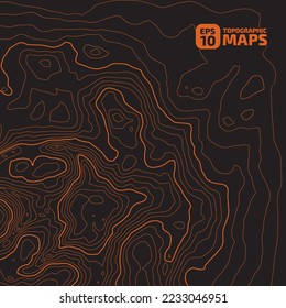 Stylized height CG topographic contour map in contours. Abstract background. Digital copy earth space. Concept of a conditional geography scheme, terrain path. Orange on Black. Vector illustration