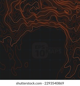 Stylized height CG topographic contour map in contours. Abstract background. Digital copy earth space. Concept of a conditional geography scheme, terrain path. Orange on Black. Vector illustration