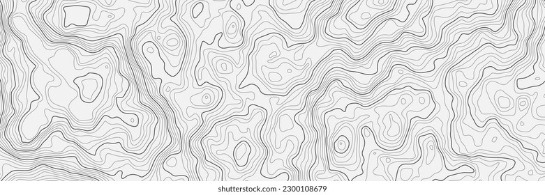 The stylized height map of the topographic  in contours. Dark stroke on light background colors. Concept of a conditional geography scheme and the terrain path. Ultra wide. Vector Illustration.