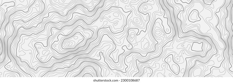 The stylized height map of the topographic  in contours. Dark stroke on light background colors. Concept of a conditional geography scheme and the terrain path. Ultra wide. Vector Illustration.