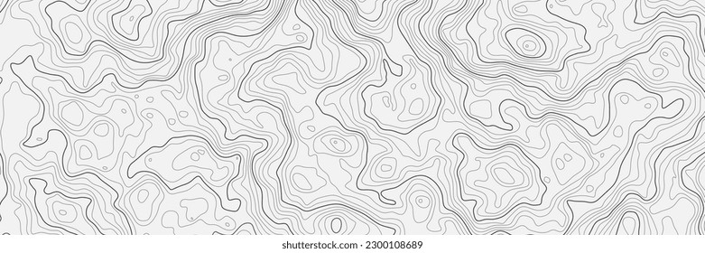 The stylized height map of the topographic  in contours. Dark stroke on light background colors. Concept of a conditional geography scheme and the terrain path. Ultra wide. Vector Illustration.