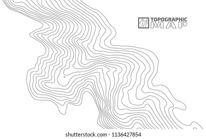 La altura estilizada del contorno topográfico en líneas y contornos. El concepto de un esquema geográfico condicional y la ruta del terreno. Ilustración vectorial.