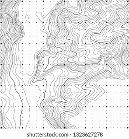 The stylized height of the topographic contour in lines and contours. The concept of a conditional geography scheme and the terrain path. Vector illustration.