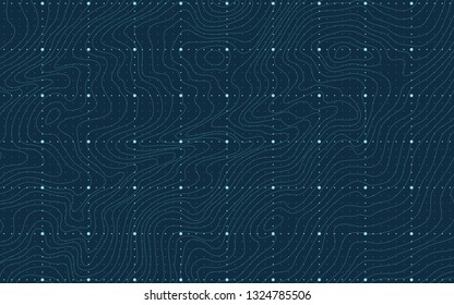 The stylized height of the topographic contour in lines and contours. The concept of a conditional geography scheme and the terrain path. Vector illustration.