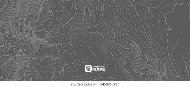 Stylized height of a topographic contour in lines and contours. Concept of a conditional geography scheme and the terrain path. Black & White. Ultra wide size. Vector Illustration