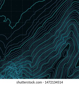The stylized height of the topographic contour in lines and contours. The concept of a conditional geography scheme and the terrain path. Black & White. Vector illustration.