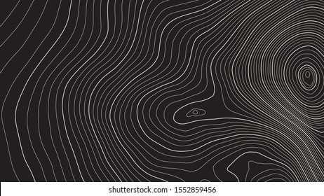 The stylized height of the topographic contour in lines and contours. The concept of a conditional geography scheme and the terrain path. Black on Gray. Ultra wide size. Isolated. Vector illustration.