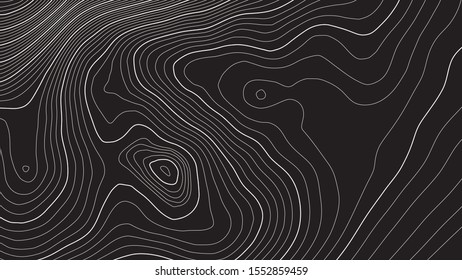 The stylized height of the topographic contour in lines and contours. The concept of a conditional geography scheme and the terrain path. Black on Gray. Ultra wide size. Isolated. Vector illustration.