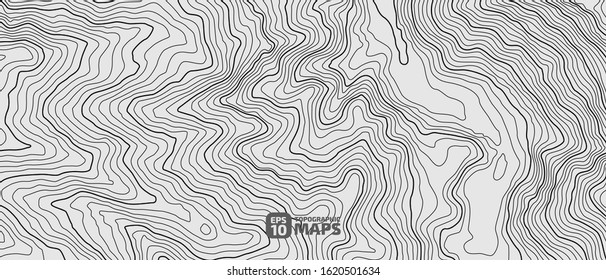 The stylized height of the topographic contour in lines and contours. The concept of a conditional geography scheme and the terrain path. Black on Gray. Ultra wide size. Vector illustration.