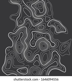 La altura estilizada del contorno topográfico en líneas y contornos. El concepto de un esquema geográfico condicional y la ruta del terreno. líneas de elevación abstractas en fondo oscuro