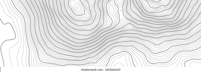 The stylized height of the topographic contour in lines and contours. The concept of a conditional geography scheme and the terrain path. Black on Gray. Ultra wide size. Vector illustration.