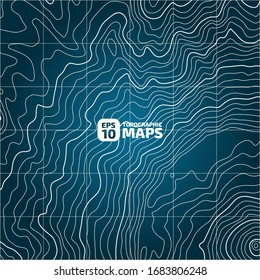 The stylized height of the topographic contour in lines and contours. The concept of a conditional geography scheme and the terrain path. Сream on a dark blue background. Vector illustration.