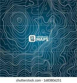 The stylized height of the topographic contour in lines and contours. The concept of a conditional geography scheme and the terrain path. Сream on a dark blue background. Vector illustration.