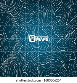 The stylized height of the topographic contour in lines and contours. The concept of a conditional geography scheme and the terrain path. Сream on a dark blue background. Vector illustration.