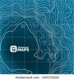 Altura estilizada del contorno topográfico en líneas y contornos con una cuadrícula de coordenadas. El concepto de patrón geográfico condicional y topografía, mar. С en un fondo azul. Vector.