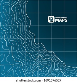 Stylized height of the topographic contour in lines and contours with a coordinate grid. The concept of a conditional geographical pattern and topography, sea. Сream on a blue background. Vector.