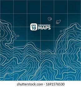 Stylized height of the topographic contour in lines and contours with a coordinate grid. The concept of a conditional geographical pattern and topography, sea. Сream on a blue background. Vector.