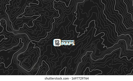 The stylized height of the topographic contour in lines and contours. The concept of a conditional geography scheme and the terrain path. Сream on a dark blue background. Vector illustration.