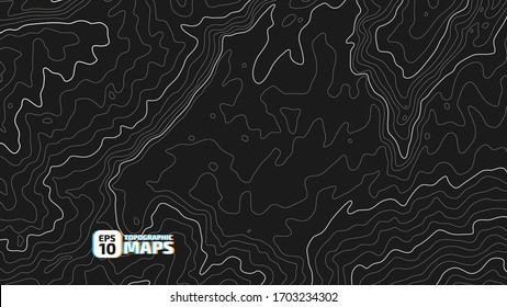 La altura estilizada del contorno topográfico en líneas y contornos. El concepto de un esquema geográfico condicional y la ruta del terreno. Ilustración vectorial.