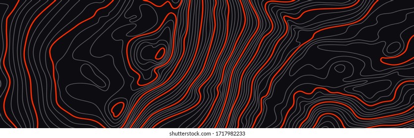 La altura estilizada del contorno topográfico en líneas y contornos. El concepto de un esquema geográfico condicional y la ruta del terreno. Tamaño ultra grande. Ilustración vectorial.