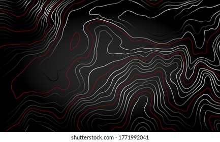The stylized height of the topographic contour in lines and contours. The concept of a conditional geography scheme and the terrain path. Wide. Red & gray stripes on a dark bg. Vector illustration.
