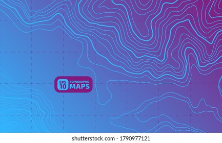 Stylized height of the topographic contour in lines and contours on a dark background. The concept of conditional geographical pattern and topography. Wide size. Vector illustration.