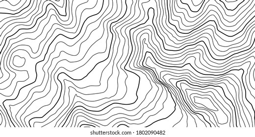 The stylized height of the topographic contour in lines and contours. The concept of a conditional geography scheme and the terrain path. Black on Gray. Ultra wide size. Vector illustration.
